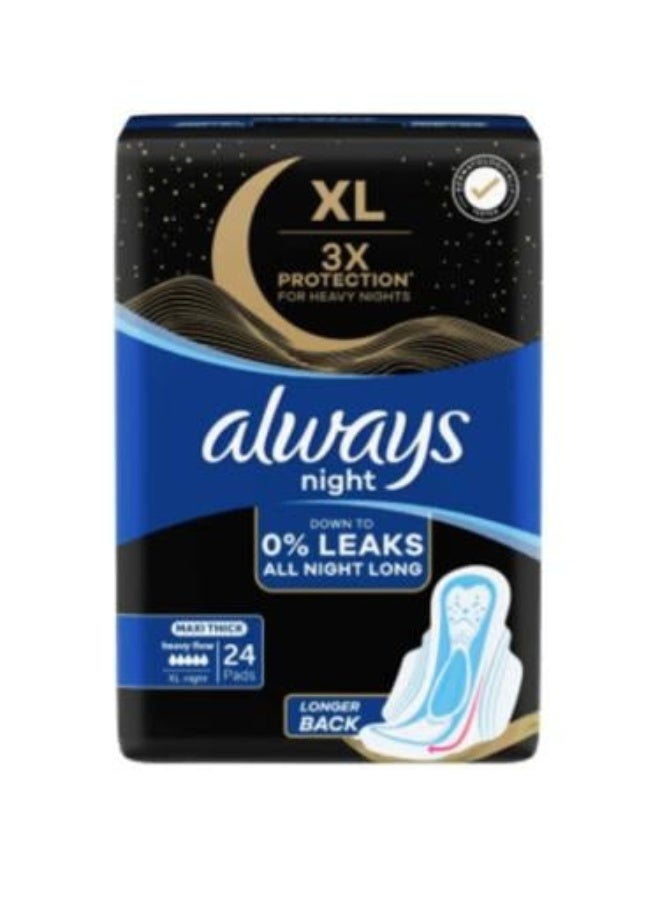 Maxi Night Sanitary Pads with Wings for Heavy Flow, Large, 24 Count